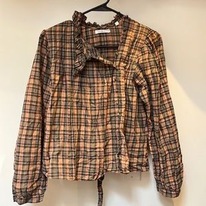 Doen cotton plaid top with fabric buttons and tie back. 100% cotton size S